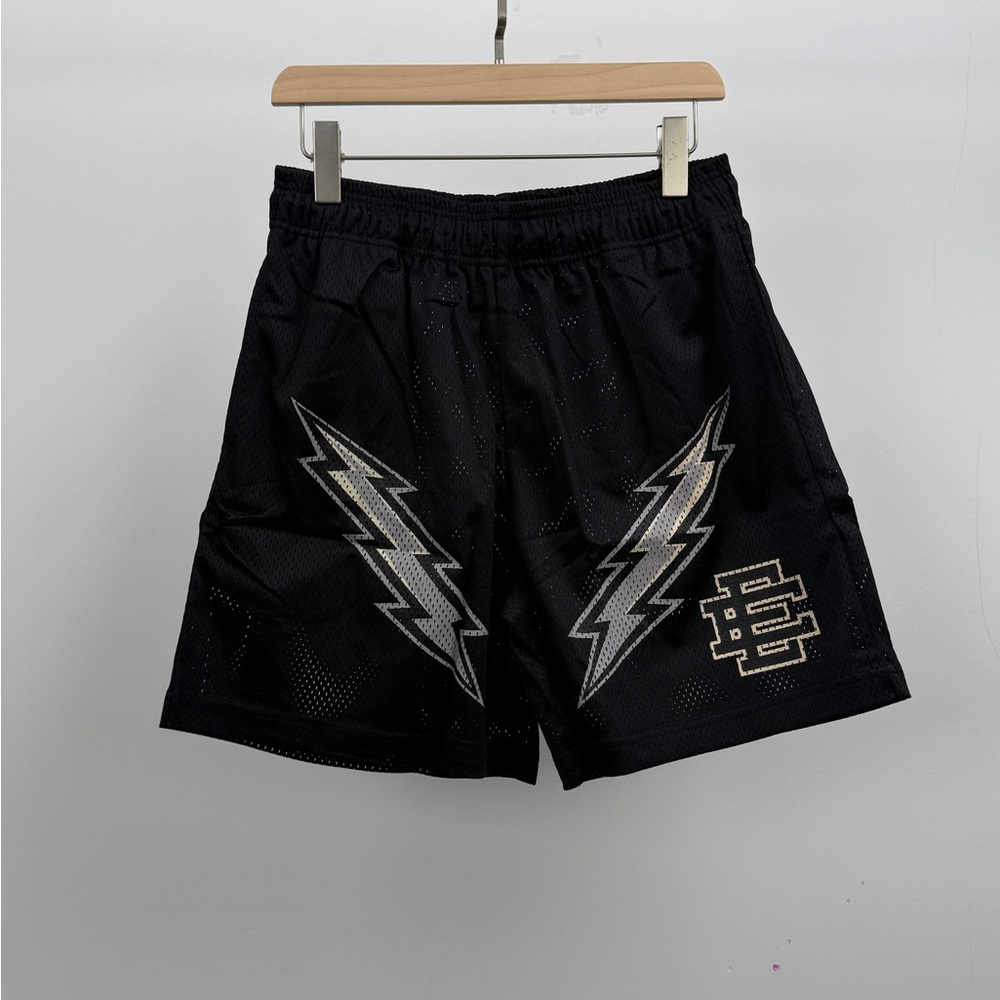 Eric Emanuel Black Mesh Shorts with Silver Lightning
